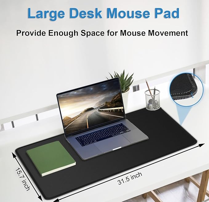 Large Gaming Mouse pad, 31.5x15.7 in Extended Desk Pad with Stitched Edges, Premium Microfiber Cloth Surface Waterproof Non-Slip Stable Rubber Base Keyboard Mat for Office Home Gaming, Black