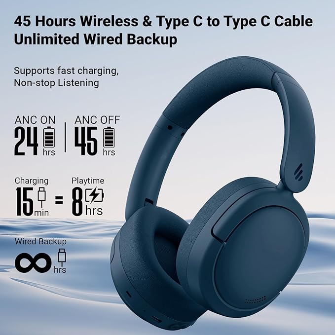 Edifier V80 Hybrid Active Noise Cancelling Headphones, True Wireless Over Ear Bluetooth Headset with 45H Playtime Hi-Res Audio Fast Charging Multipoint Connection for Travel Home Office (Navy)