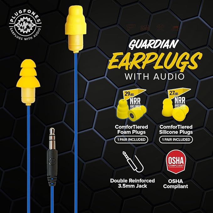 Plugfones Guardian Earplug Headphones - OSHA Approved Noise Isolating in-Ear Earbuds with Hearing Protection - Wired Hybrid for Work and Travel - Includes Silicone and Foam Earplugs - Blue & Yellow