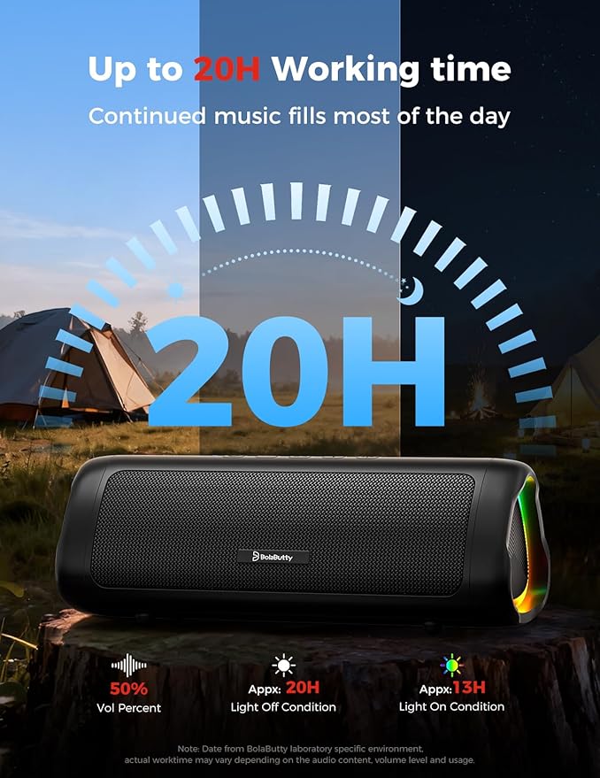 BolaButty Bluetooth Speaker Portable Wireless, IPX5 Waterproof, Up to 20H Playtime, TWS Pairing, BT5.3, for Home/Party/Outdoor/Camping/Beach Essentials, Birthday Gift (Black)
