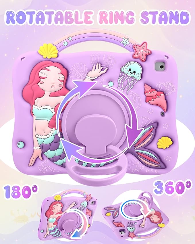 Boaretiu for iPad 6th/5th Generation Case - Pro 9.7 Inch Cute Cartoon Mermaids Girls Teens Soft 3D Silicone for iPad Air 2/Air 1 Tablet Cover with Strap & Rotating Stand