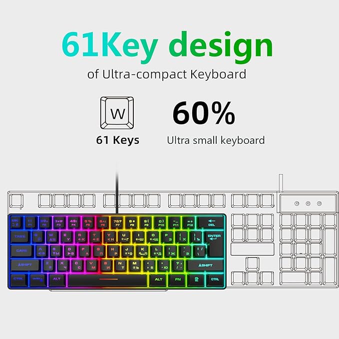 PUSOKEI 60% Mechanical Gaming Keyboard, 61 Keys Mini USB Wired Keyboard with RGB Backlit, Hot Swappable, Full Keys No Conflict, Russian English Dual Language for PC (Black)