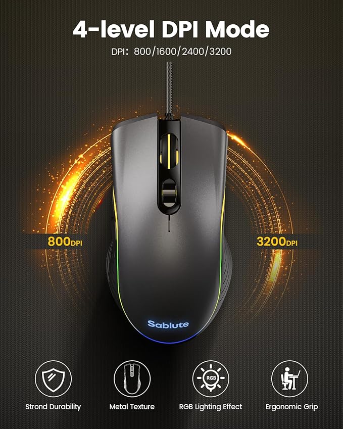 SABLUTE Gaming Keyboard and Mouse, Quiet Membrane Keyboard with RGB Backlit, PC Gaming Keyboard with Multimedia Knob, Anti-Ghosting, Ergonomic Wrist Rest & 3200 DPI Mouse for Gamer/Office