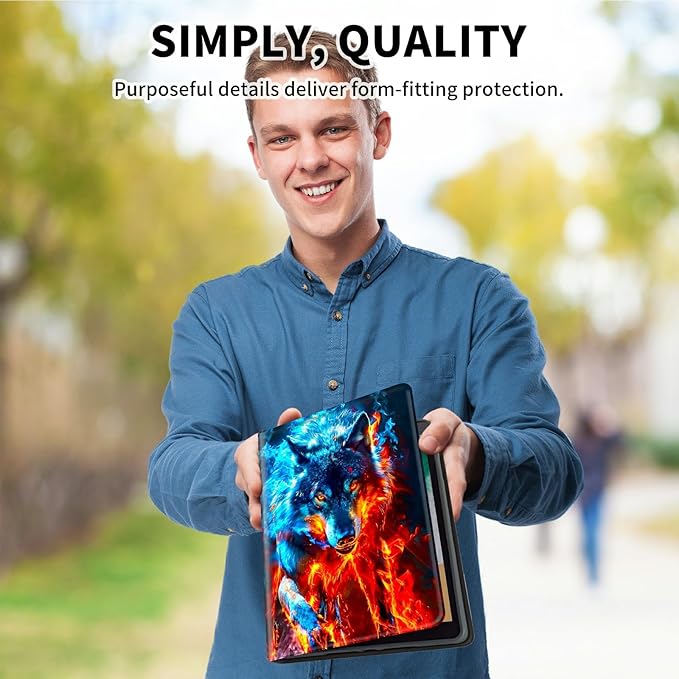 for Amazon Kindle Fire HD 10 & 10 Plus (13th/11th Generation, 2023/2021 Release) 10.1" Tablet Case, Slim Kickstand Stand Leather Smart Cover with Auto Wake/Sleep, Red Blue Flaming Wolf