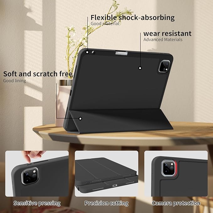 Case for iPad Pro 11 inch (M5/M4) 2025/2024 with Pencil Holder,Tri-Fold Stand Cover, Protective Soft TPU Back&Shockproof Air Corner,Supports Apple Pencil Pro, Auto Wake/Sleep (Black)