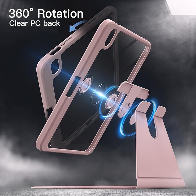 JETech Rotating Case for iPad mini (A17 Pro, 2024 Model, 7th Generation) / mini 6 (2021 Model, 6th Generation) with Pencil Holder, 360 Degree Rotation Protective Stand Cover Clear Back (Pink)