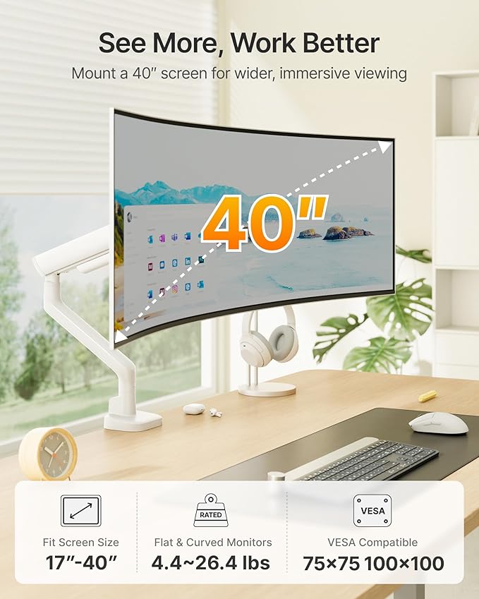 monTEK Single Monitor Arm, Mechanical Spring Monitor Arm for 17-40" Ultrawide Screens, Adjustable Monitor Desk Mount Holds up to 26.4 lbs with C Clamp/Grommet Desk Mount, VESA 75/100mm
