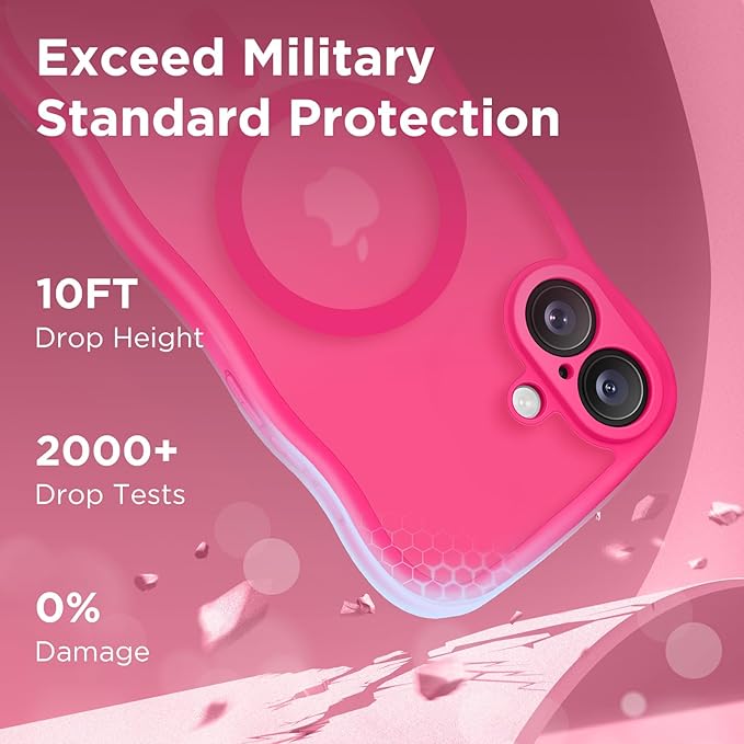 CAPRARO for iPhone 16 Case for Women Girls, Upgraded [Full Camera Protection] [Compatible with MagSafe] Cute Wave Translucent Matte Phone Case for iPhone 16, Hot Pink