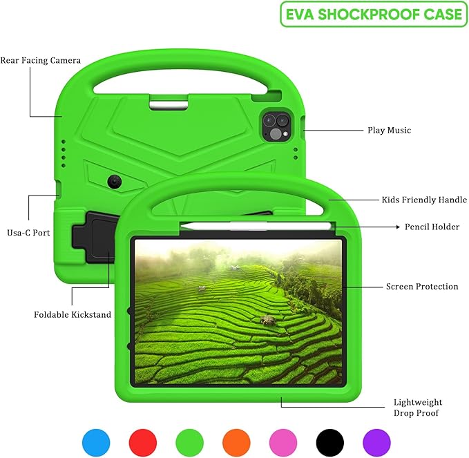 Kids Case for Apple iPad Air 11-inch M3 (2025) / M2 (2024) with Pencil Holder/Handle/Kickstand Lightweight Soft EVA Foam Shockproof Stand Tablet Cover for iPad Air 11" M3/M2, Green Bird