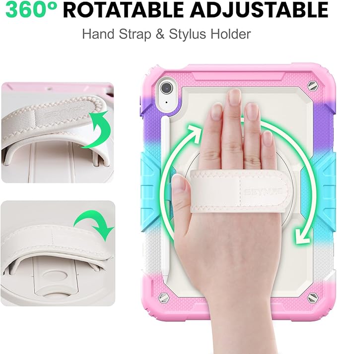 SEYMAC Case for iPad (A16) 11th/10th Generation 2025/2022 (11″/10.9″), Sturdy Heavy Duty Full-Body Shockproof Protective Case with Screen Protector, Rotating Stand, Hand/Shoulder Strap, Colorful/Pink