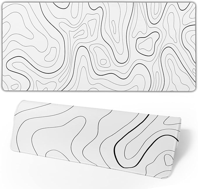 White Extended Gaming Mouse Pad - 31.5 x 11.8 Inch Black and White Topographic Mouse Pad with Anti-Slip Rubber Base for Home Office