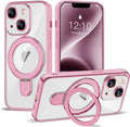 Compatible with iPhone 14 Case with Invisible Magnetic Ring Stand [Compatible with Mag-Safe] [Full Camera Lens Protector] Plating Clear Phone Case for iPhone 14 6.1", Pink