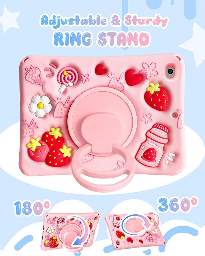 Boaretiu for iPad mini 5/4 Generation Case - Soft Silicone Cute Cartoon for iPad mini 5th/4th Case with Shoulder Strap & Rotating Stand 3D Kawaii for Women Girls Girly Teens, Strawberry