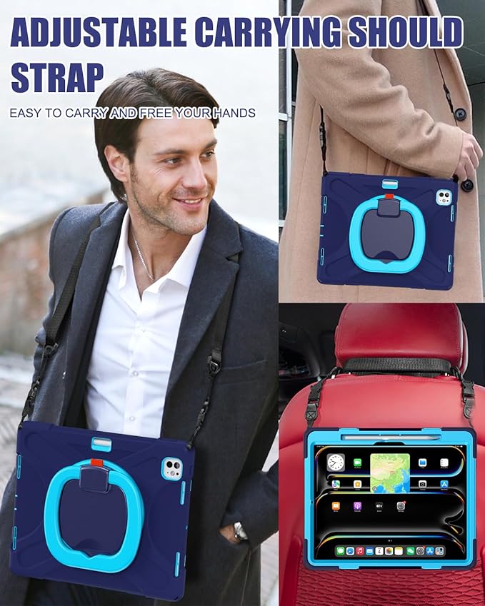 BRAECN Case for iPad Pro 13 Inch (M4/M5) 2024/2025, Protective Rugged Silicone Cover with 360° Rotating Kickstand, Ultra Stable Stand, Pencil Holder, Handle Grip, Adjustable Shoulder Strap, Navy Blue