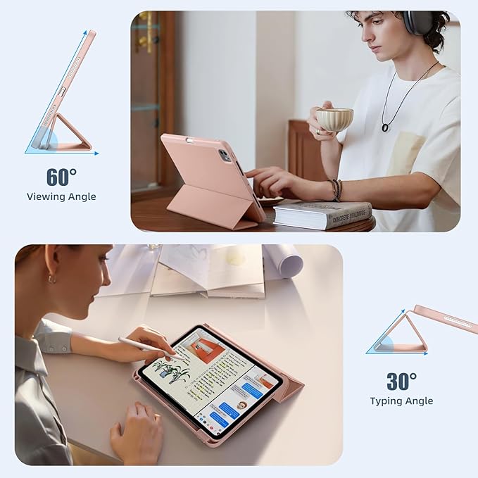 Kidopire New Compatible with iPad Pro 11 Inch Case (M4 2024/M5 2025) with Pencil Holder, Smart Cover with Protective Trifold Stand & Soft TPU Back, Auto Wake/Sleep, Support Pencil Pro, Rose Pink