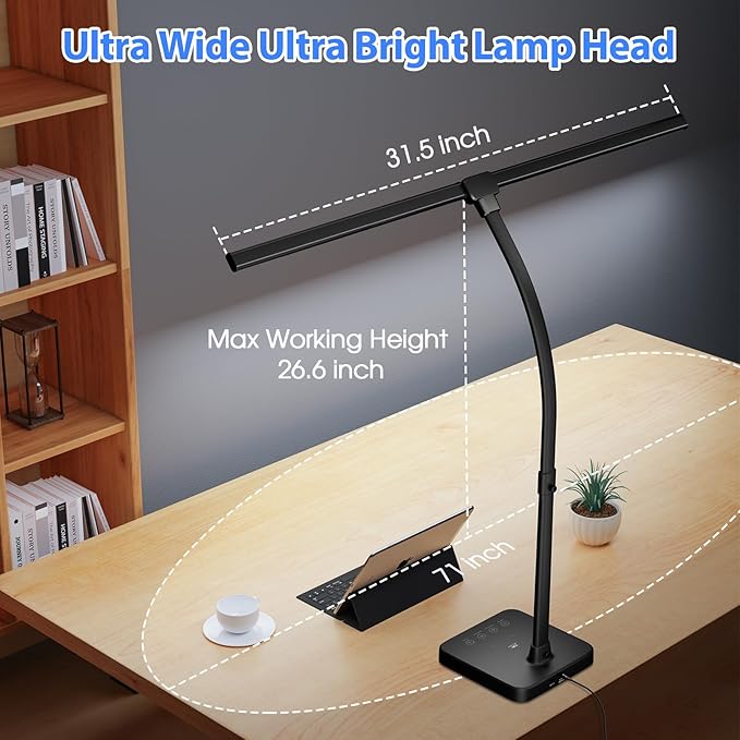 ShineTech LED Desk Lamp for Home Office, 24W Double Head Desk Light with Wireless Charging, USB Port, Adjustable Lamps, 5000K Daylight White