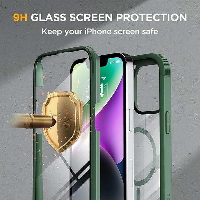 Miracase Glass Series Designed for iPhone 14 Plus Case 6.7 inch, 2023 Upgrade Full-Body Magnetic Clear Case with Built-in 9H Tempered Glass Screen Protector,Compatible with MagSafe,Green