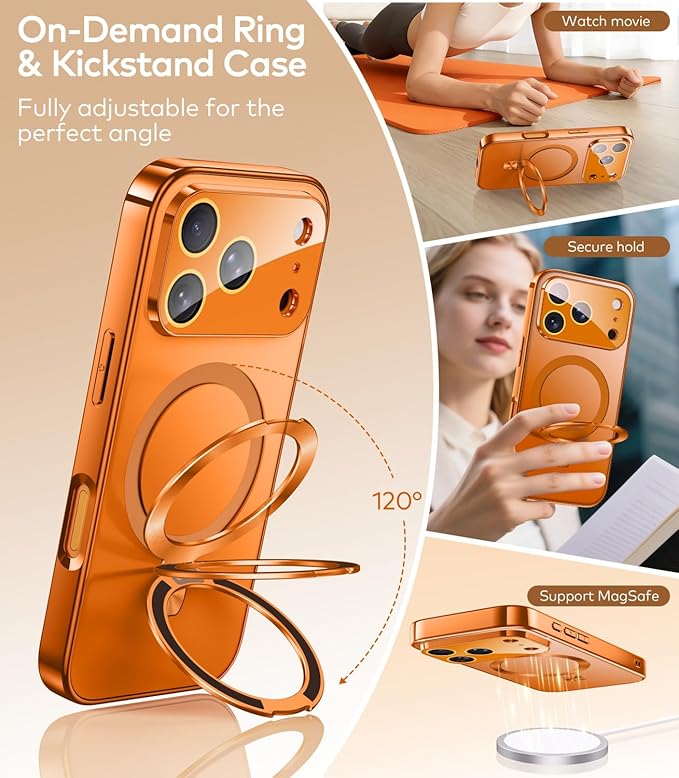 TOBOVON Magnetic for iPhone 17 Pro Max Case with Ring Stand, Fits MagSafe, with Built-in Camera Lens Protector, Slim Electroplated Shockproof Phone Cover, Orange