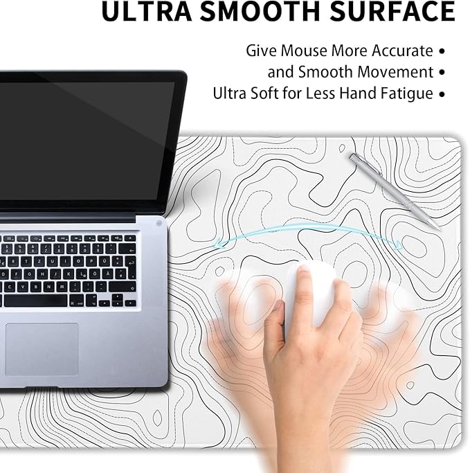 Topographic Map Large Mouse Pad XXL White Lines Contour Geographic Extended Desk Mat Big 90X40 CM Non-Slip Rubber Base Stitched Edge Long Mousepad,35.4 x 15.7 Inch