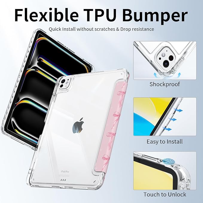 for iPad Air 13 Inch 2026/2025/2024 (M4/M3/M2) Case, Slim iPad Pro 12.9" 6th/5th/4th/3rd Generation Case, Trifold Stable Stand Protective Clear Back Cover with Pencil Holder, Pink Bows