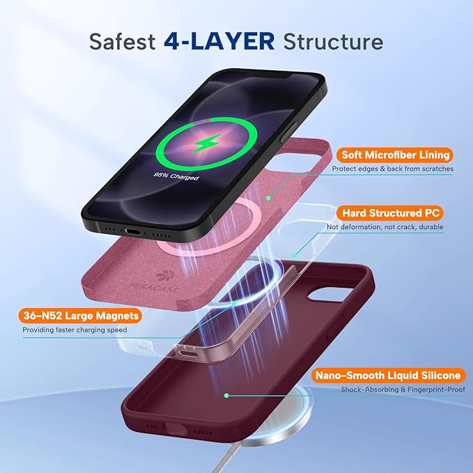 Miracase Magnetic for iPhone 17e Case & iPhone 16e Case, [Soft Anti-Scratch Microfiber Lining], Compatible with MagSafe, Silicone Shockproof Protection Phone Case for iPhone 17e/16e, Wine Red