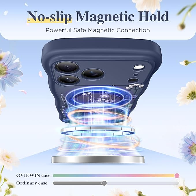 GVIEWIN for iPhone 17 Pro Max Case Compatible with MagSafe [Curly Wave Edge][Full Camera Protection] Floral Translucent Shockproof Magnetic Women Phone Case for 17 Pro Max, Floratopia/Blue