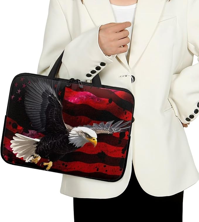 10 Inch American USA Flag Eagle Laptop Sleeve, Protective Tablet Case with Handle, Patriotic Computer Bag Carrying Case Notebook Cover Messenger Briefcase for Travel/Business/School
