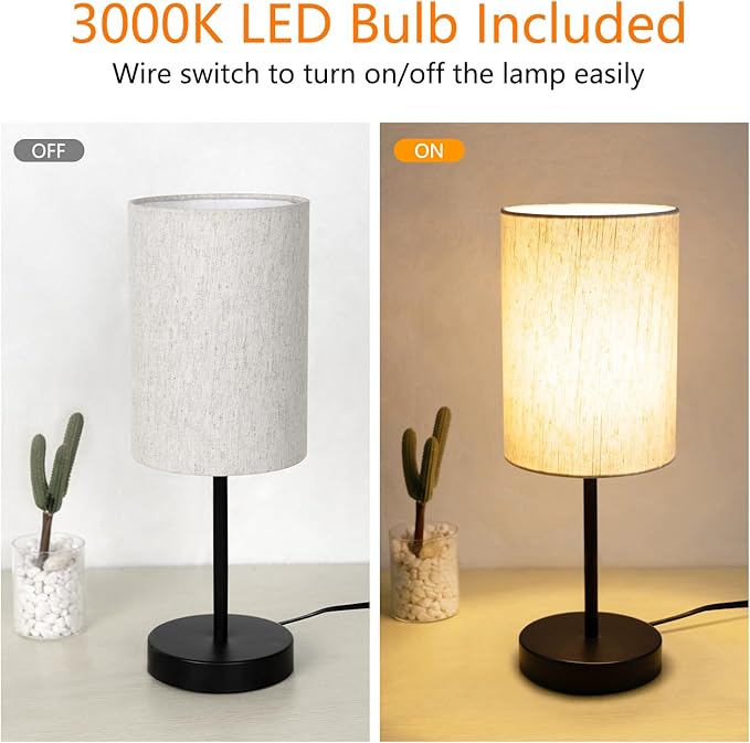 RISLG 2 Pack Small Table Lamps for Bedroom, Bedside Lamps for Nightstand with Wire Switch, Minimalist Modern Desk Lamps with Linen Fabric Shade for Kids Room Living Room Office Dorm, Bulb Included