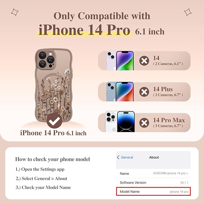 GVIEWIN for iPhone 14 Pro Case Compatible with MagSafe [Curly Wave Edge][Full Camera Protection] Floral Translucent Shockproof Magnetic Women Phone Case for 14 Pro, Floratopia/Brown