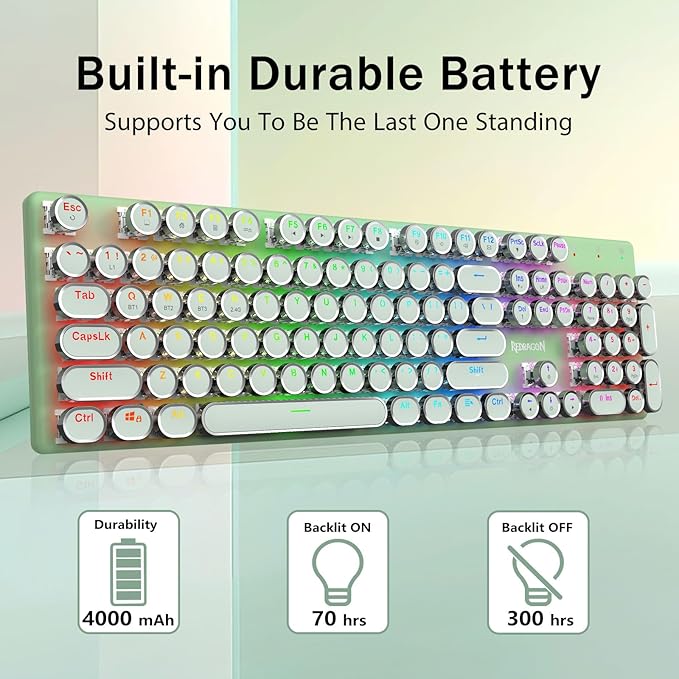 Redragon K710 Wireless Typewriter Mechanical Gaming Keyboard, Bluetooth/2.4Ghz/Wired, RGB Led Backlit, Blue Switch - Clicky, Rechargeable, Solid Metal Panel, Round Keycaps, Green