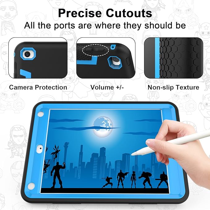 CCMAO iPad mini 5 Case 2019, iPad mini 4 Case 2015, Heavy Duty Shockproof Hybrid Protective Cover for iPad mini 5th/4th Generation 7.9 inch, Black+Sky Blue