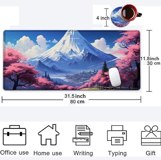 Large Mouse Pad, 31.5 x 11.8in Extended Gaming Mouse Pad with Stitched Edges, XXL Mousepad Protector Non Slip Rubber Base for Office and Home Writing Mat, Mt Fuji and Cherry Blossom Pattern Desk Mat