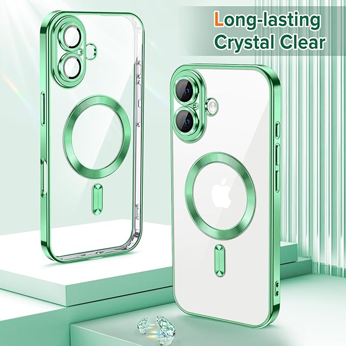 Hython Magnetic Clear for iPhone 17 Case with Camera Lens Protector [Compatible with MagSafe] Luxury Plating Edge Slim Soft TPU Cover Protective Phone Case for iPhone 17 6.3", Light Green