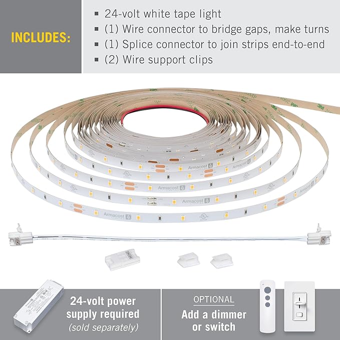 Armacost Lighting RibbonFlex Pro 24V White LED Strip Lights 30 LED/m, 4000K, 8.2 ft 154210