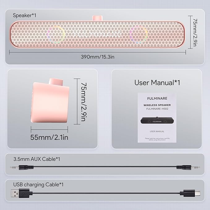 FULMINARE Bluetooth Speaker with 26W HD Sound, Portable Speaker Up to 30H Playtime, AUX&TF-Card&USB Input, LED Lights, Speakers Bluetooth 5.3 Wireless for Home/Party/Outdoor, Birthday Gift (Pink)