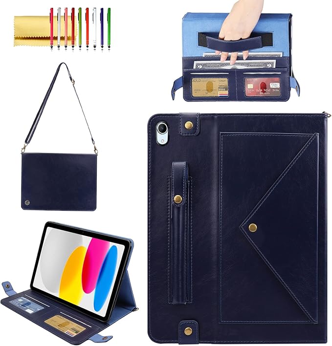 Handbag Case for iPad (A16) 11" 2025 & iPad 10th Gen 10.9", Techcircle Folio Stand PU Leather Multi-Card Slots Envelope Pocket Wallet Cover with Hand Strap+Shoulder Strap+Pen Holder, Navy