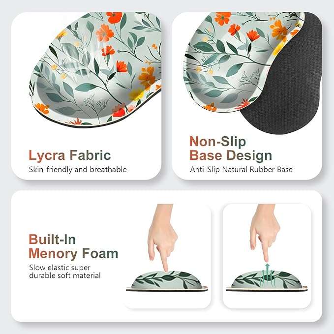 Large Gaming Mouse Pad Set, 4 in 1 Ergonomics Keyboard Desk Mat Memory Foam Wrist Rest, Computer PC Extended Game Mousepad, Non-Slip Desk Matt Easy Typing Pain Relief I Blooming Orange Florals