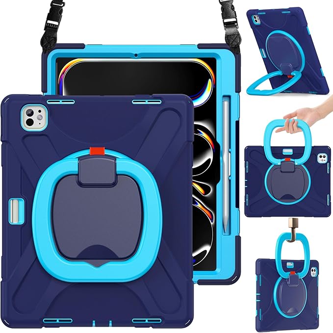 BRAECN Case for iPad Pro 13 Inch (M4/M5) 2024/2025, Protective Rugged Silicone Cover with 360° Rotating Kickstand, Ultra Stable Stand, Pencil Holder, Handle Grip, Adjustable Shoulder Strap, Navy Blue