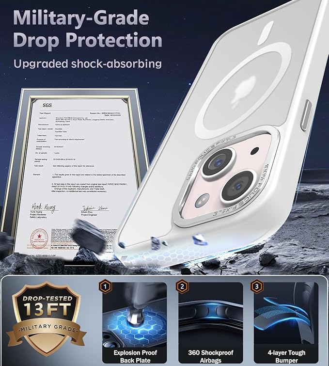 Newfuture Magnetic for iPhone 15 Case [Compatible with Magsafe] [Military Grade Drop Protection] Translucent Matte Anti-Fingerprint Shockproof Phone Case for iPhone 15 6.1 inch, Frosted White