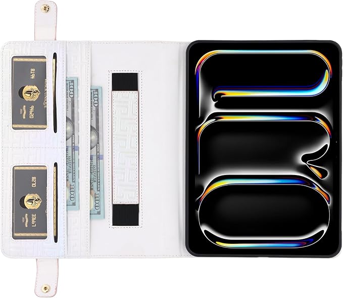 Shiny Case for iPad (A16) 2025 11"/iPad 10th Generation Handbag with Hand Strap, Techcircle Crossbody Iridescent Folio Stand Wallet Case with Pencil Holder+Card Slots+Shoulder Strap, Shiny White