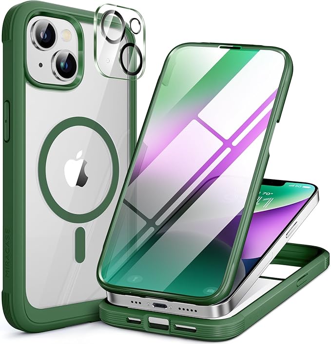 Miracase Glass Series Designed for iPhone 14 Plus Case 6.7 inch, 2023 Upgrade Full-Body Magnetic Clear Case with Built-in 9H Tempered Glass Screen Protector,Compatible with MagSafe,Green