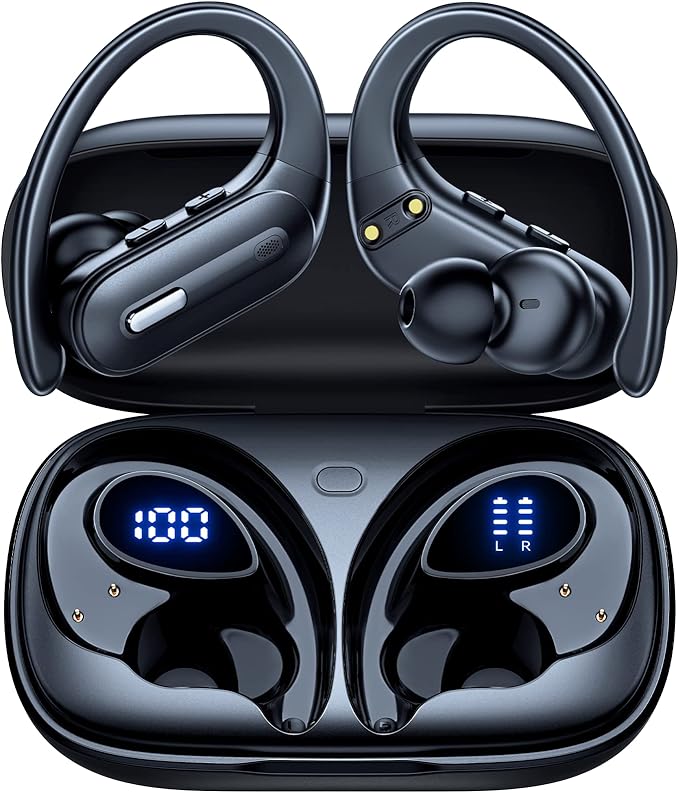 GNMN Active Noise Cancelling Bluetooth Headphones Wireless Earbuds 90 Hrs Playtime Ear Buds with Hi-Res Stereo Deep Bass Power Display Earphones with Earhooks Waterproof Transparency Headset
