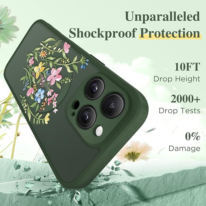 GVIEWIN for iPhone 16 Pro Max Case Compatible with MagSafe, [Military Grade Protection] [Screen Protector] Full Camera Protection Floral Translucent Women Magnetic Phone Case, Bloomcore/Forest Green