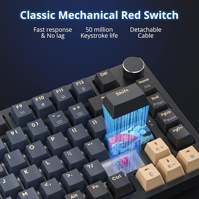 BlueSamurai 75% Wired Mechanical Gaming Keyboard - Hot Swappable, Red Switch, RGB Backlit 82 Keys TKL Mechanical Keyboard with Volume Control Knob