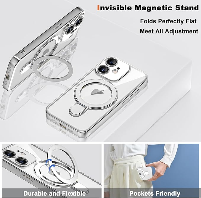 Compatible with iPhone 12 Case with Invisible Magnetic Ring Stand [Compatible with Mag-Safe] [Full Camera Lens Protector] Plating Clear Phone Case for iPhone 12 6.1", Silver