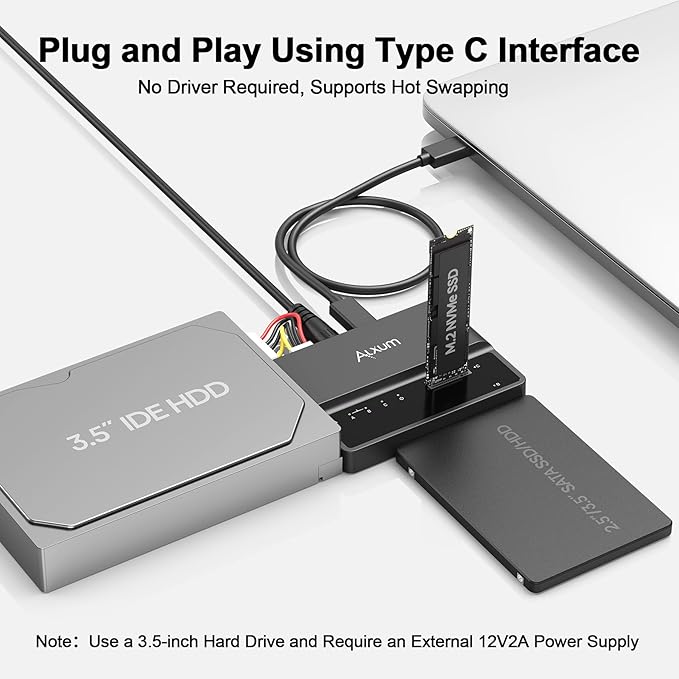 Alxum NVME M.2 SATA IDE SSD Enclosure External 3 in 1 Tool-Free PCIE-10Gbps USB 3.2 Type C Hard Drive Reader for 2230/2242/2260/2280,2.5" /3.5" SATA SSD and 3.5" IDE HDD