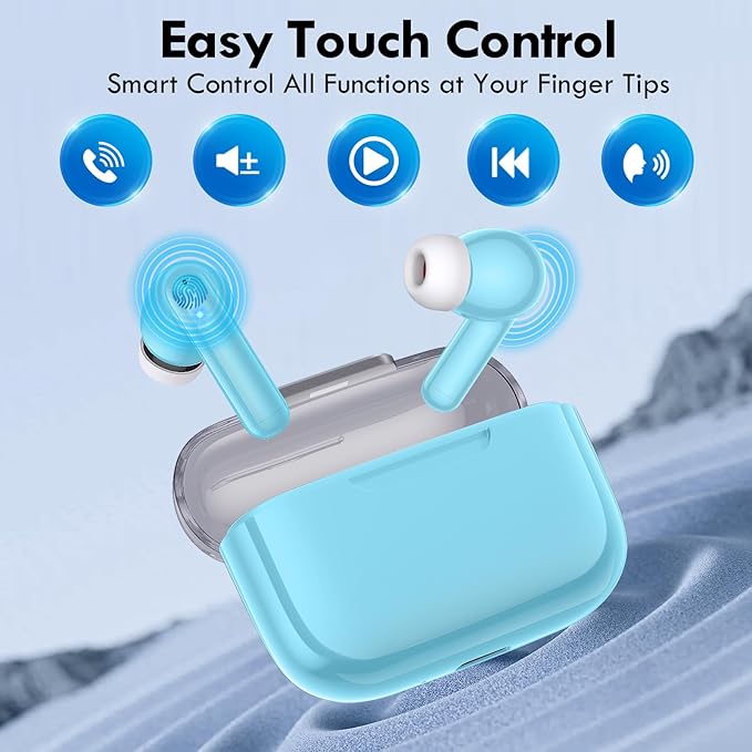 kurdene Wireless Earbuds, Bluetooth 5.3 in Ear Buds Light Weight Headphones with Deep Bass Sound,48 Hours Playtime Headset,Clear Calls Earphones with Mics for Sports Workout Blue