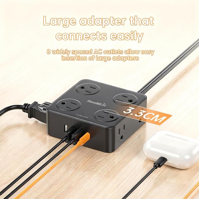12 in 1 Power Strip Extension Cords with Multiple Outlets, 8 Outlets & 4 USB Ports Extension Cord, Flat Plug Compact Charging Station