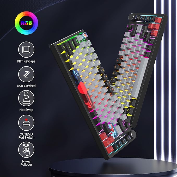Fogruaden Wired 75% Mechanical Keyboard, Hot Swappable Gasket Mount With Red Switch, RGB Backlit 82 Keys TKL, NKRO Compact Gaming With Knob (Dolch)
