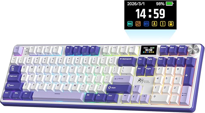 RK ROYAL KLUDGE S104 Wireless Mechanical Keyboard w/Screen & Knob, Full Size Gaming Keyboard with 8000mAh Battery, RGB Backlit Hot Swappable Pre-lubed Switches, Creamy Sounding Computer Keyboards